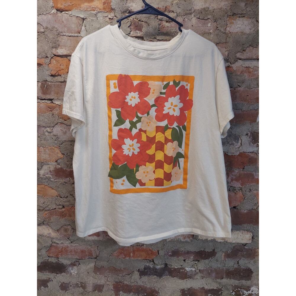 Sonoma Graphic Tee XXL Cream Floral Checkered Relaxed Short Sleeve